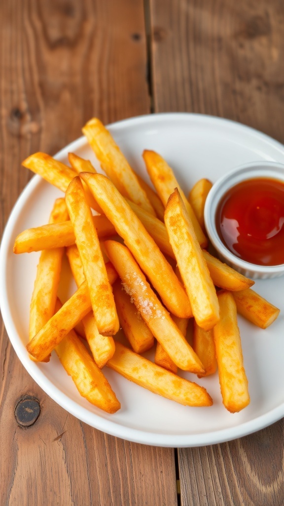 Crispy Air Fryer French Fries Recipe Crispy air fryer French fries on a plate with ketchup, set on a rustic wooden table.